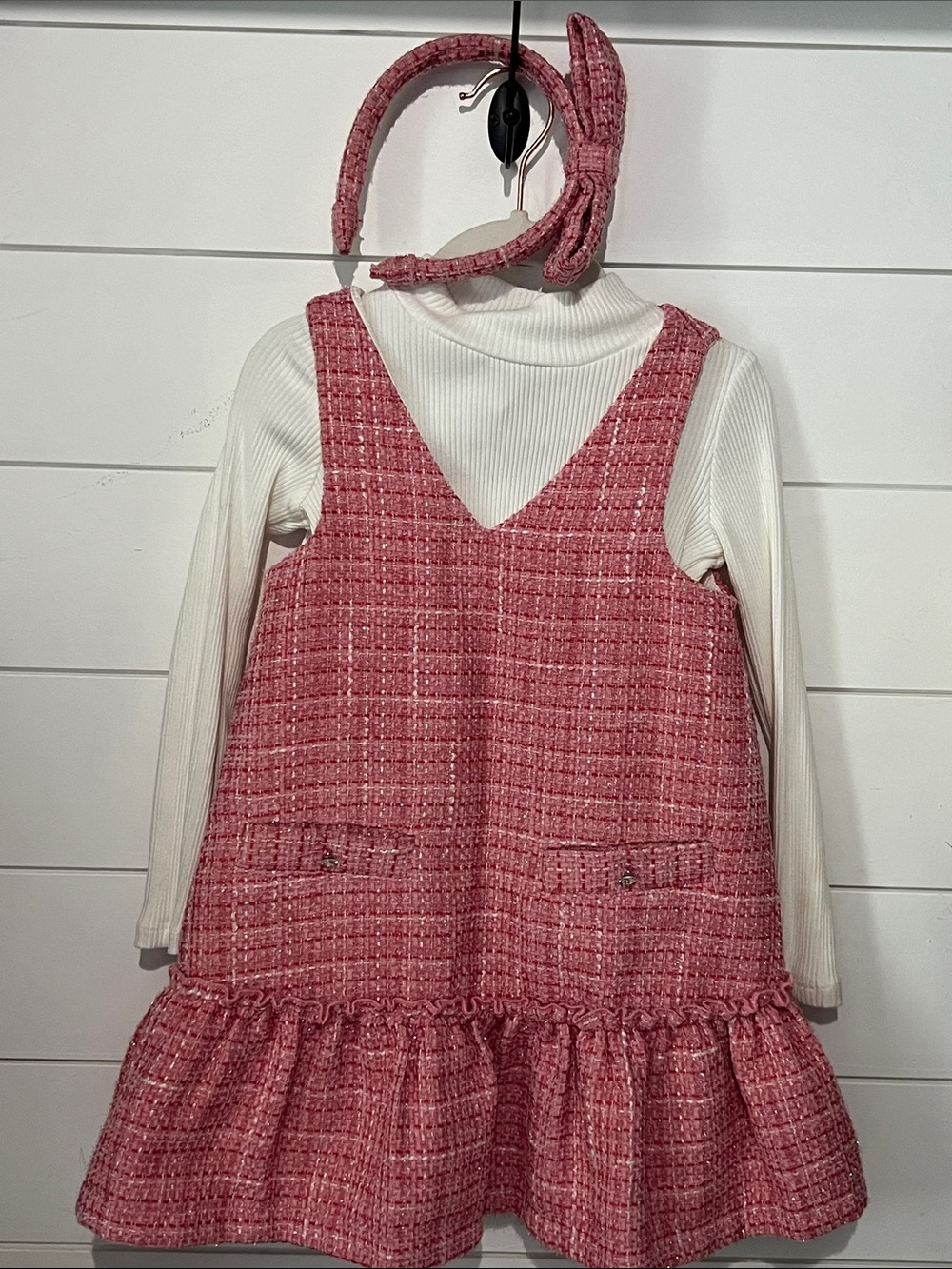 Pink Tweed Girls' Pinafore Dress with Matching Headband